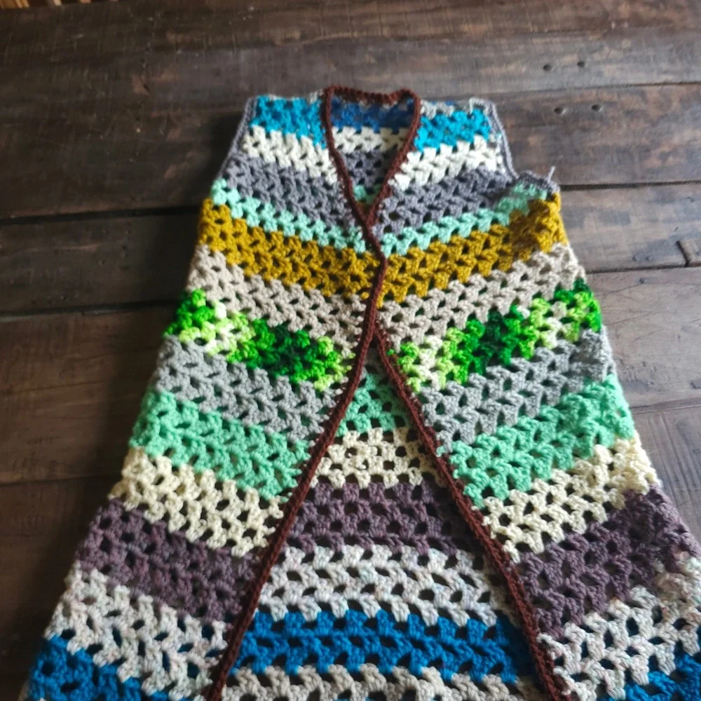 Handmade Crochet Granny Stitch Vest Multi Color Striped Boho Open Front 1970s 60